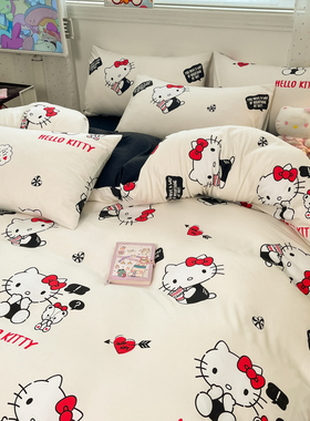 ins风少女心黑白KT猫水洗棉被套单件非全棉被罩150x200x230四件套