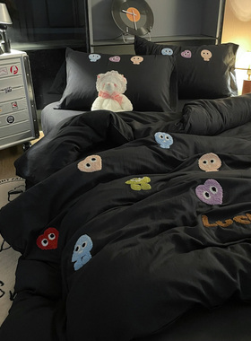 ins深色可爱怪兽毛巾绣水洗棉四件套被套学生宿舍床单三件套耐脏4