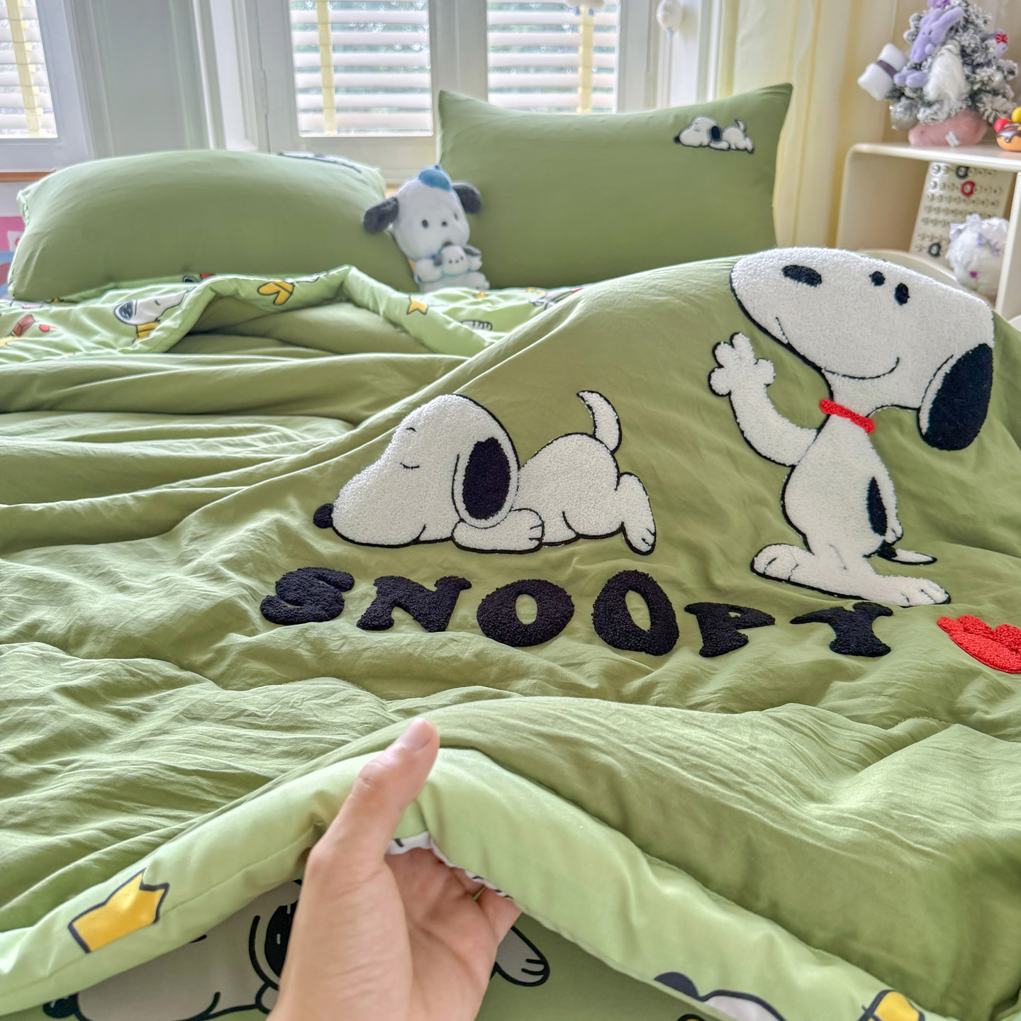 A类ins绿色史努比毛巾绣夏凉被四件套可机洗水洗棉夏被轻薄空调被