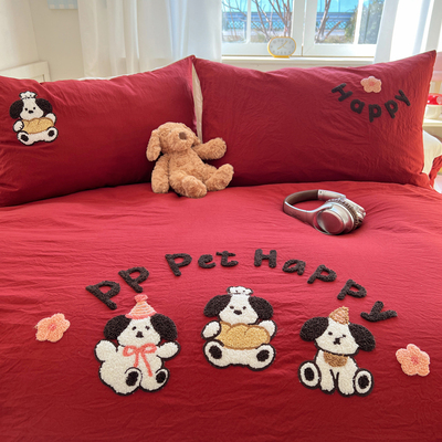 新品ins超柔大红色毛巾绣水洗棉四件套非纯棉学生宿舍床单三件套4