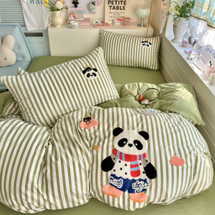 ins风条纹小熊猫毛巾绣水洗棉床上四件套学生宿舍单人床单三件套