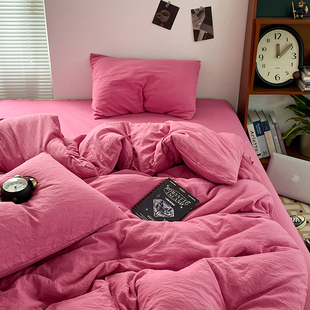 质感北欧ins风玫红褶皱水洗棉四件套纯色床单被套学生宿舍三件套4