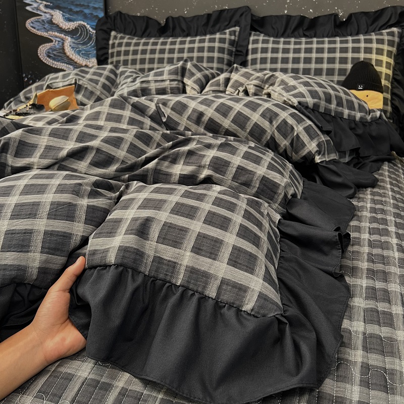 ins简约灰色格子花边被套床上四件套床单床盖双人被罩学生三件套