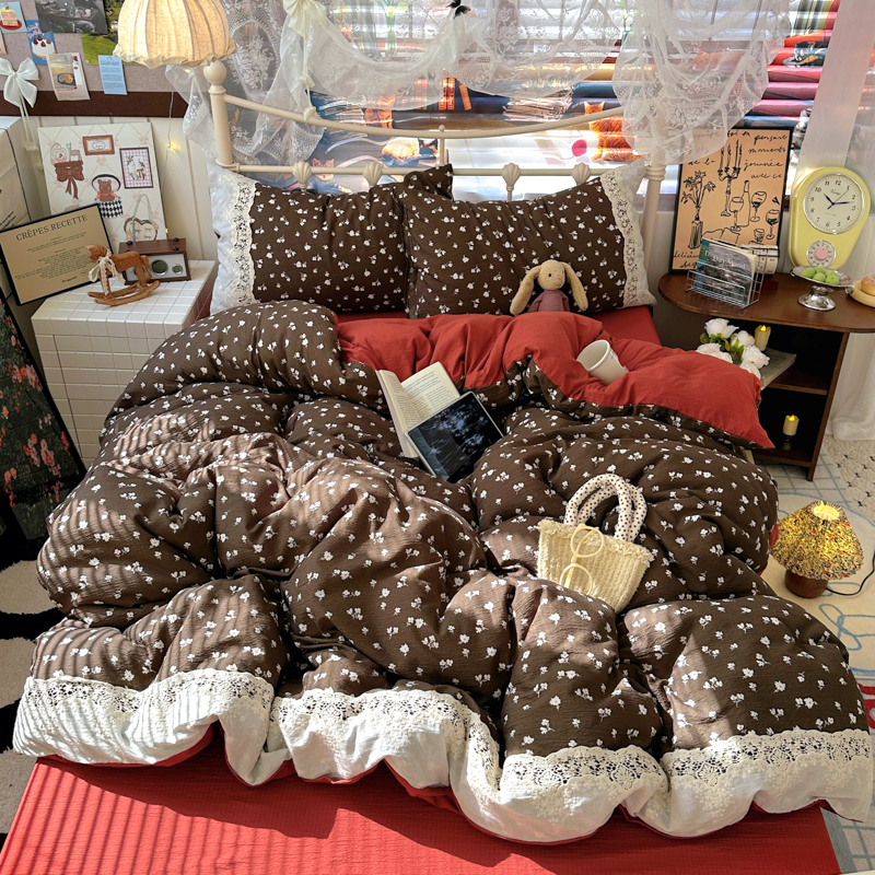 ins少女大红小碎花水洗棉蕾丝花边四件套学生宿舍被套床单三件套4