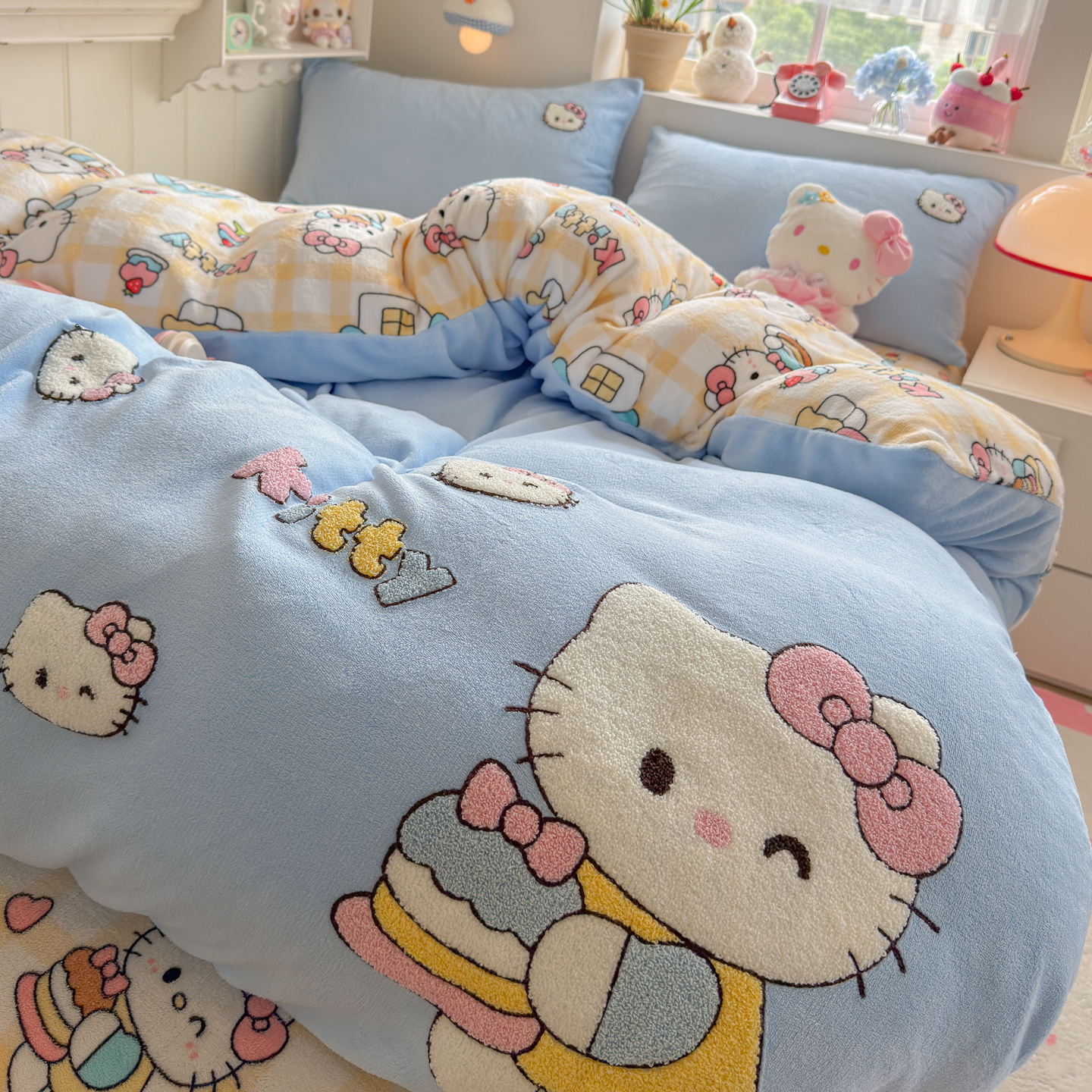 ins冬天KT猫毛巾绣牛奶绒四件套双面珊绒瑚绒宿舍被套床单三件套4