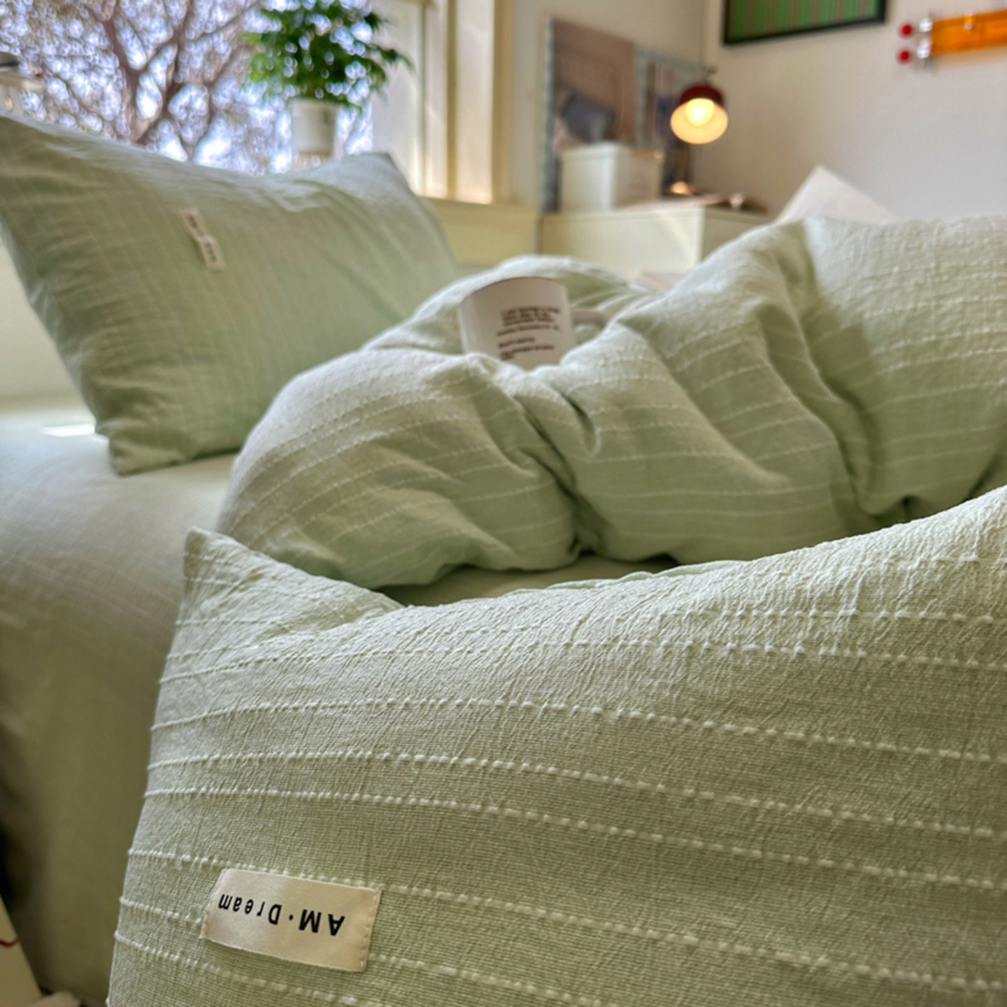 ins无印风绿色纯色亚麻水洗棉床上四件套学生单人宿舍床单三件套