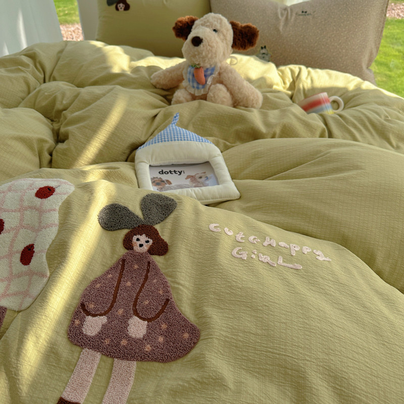 ins抹茶绿小女孩毛巾绣水洗棉四件套单人学生宿舍被套床单三件套