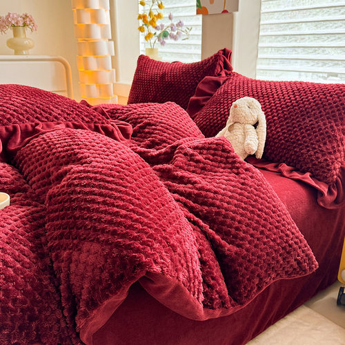 冬季红色加厚保暖牛奶绒四件套双面珊瑚绒被套宿舍加绒床单三件套