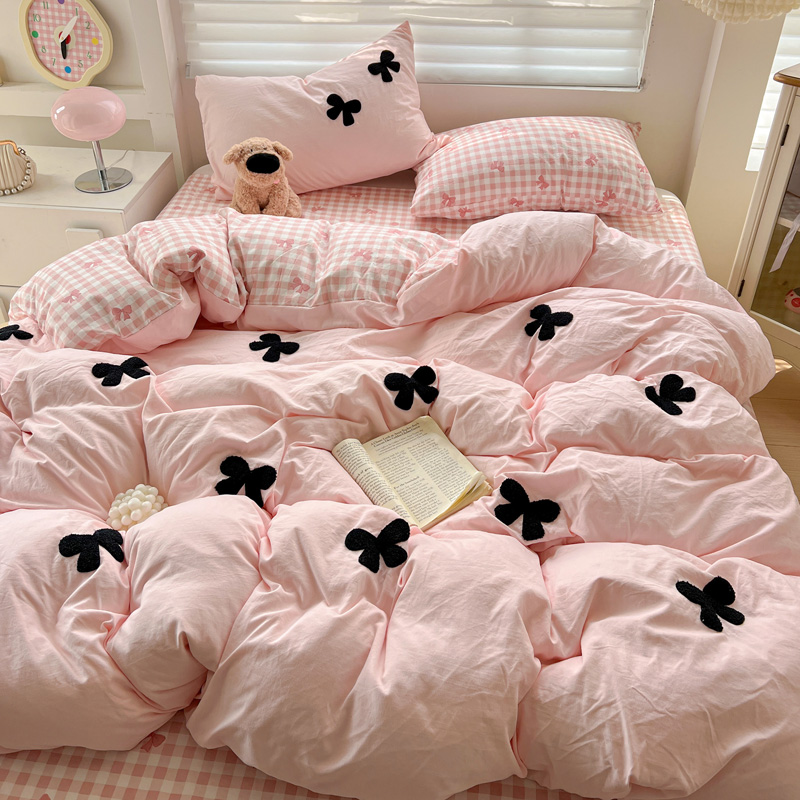 ins风粉色少女心蝴蝶结毛巾绣水洗棉四件套非纯棉宿舍床单三件套4