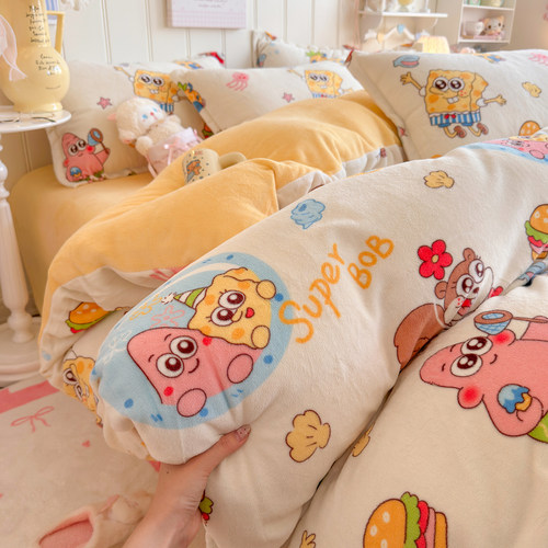 冬季海绵宝宝牛奶绒保暖四件套双面珊瑚绒被套宿舍加绒床单三件套