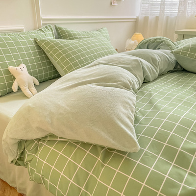 日式ins绿色格子单面绒四件套AB面牛奶绒法兰绒单件被套床单床品4