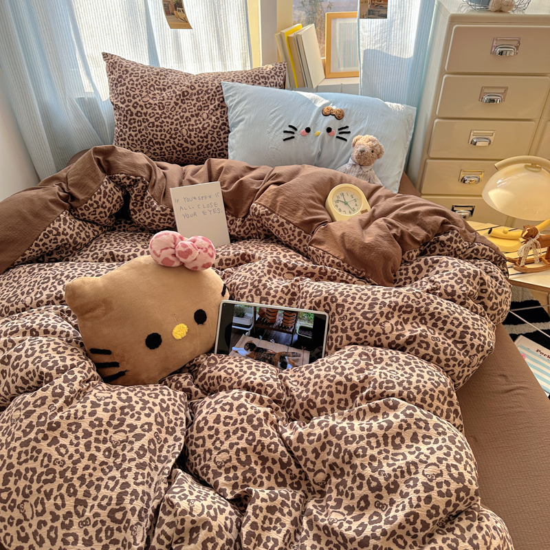 ins风少女咖色豹纹KT毛巾绣水洗棉床上四件套被套宿舍床单三件套4