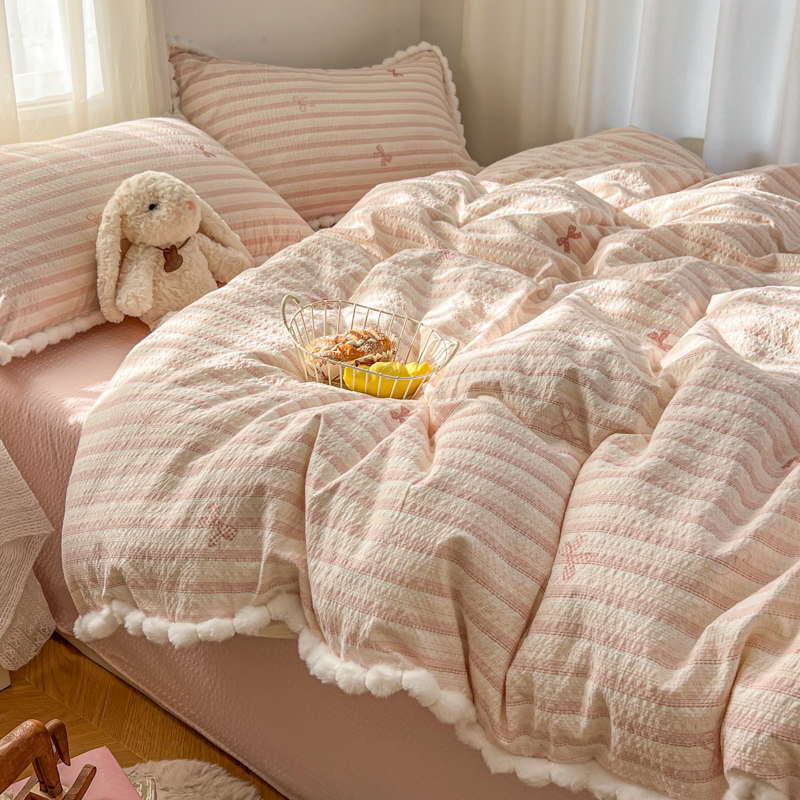 ins少女粉色条纹毛球蝴蝶结水洗棉四件套被套学生宿舍床单三件套,床上用品,床品套件/四件套/多件套,淘宝优惠券,粉丝福利购,淘宝优惠卷