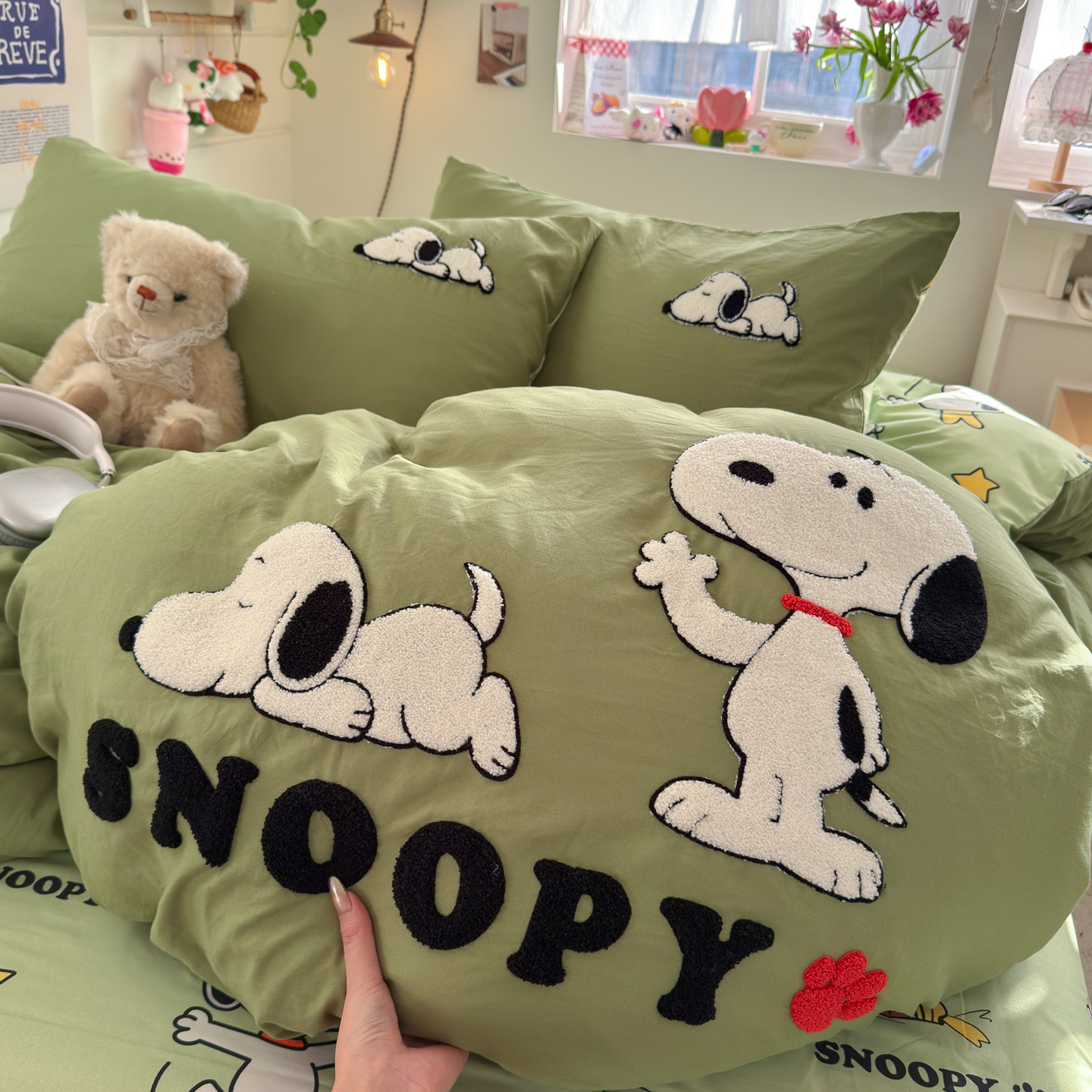 ins风可爱绿色史努比毛巾绣水洗棉四件套被罩学生宿舍床单三件套4