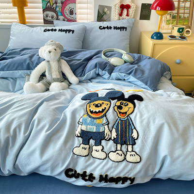 A类ins风蓝色可爱老鼠毛巾绣水洗棉四件套学生宿舍被套床单三件套