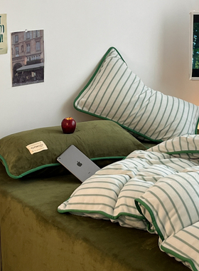 冬季多巴胺绿色条纹牛奶绒加厚保暖被套单件加绒被罩150x200x2230