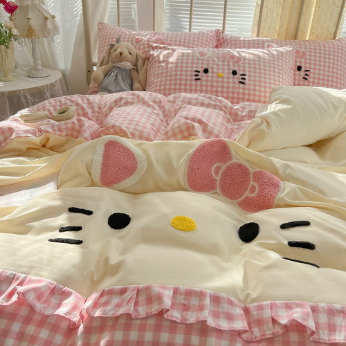 ins少女心猫咪花边公主风水洗棉四件套床裙宿舍被套少女床上用品
