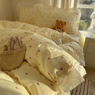 ins风奶油黄蝴蝶结花边水洗棉床上四件套被罩学生宿舍床单三件套4