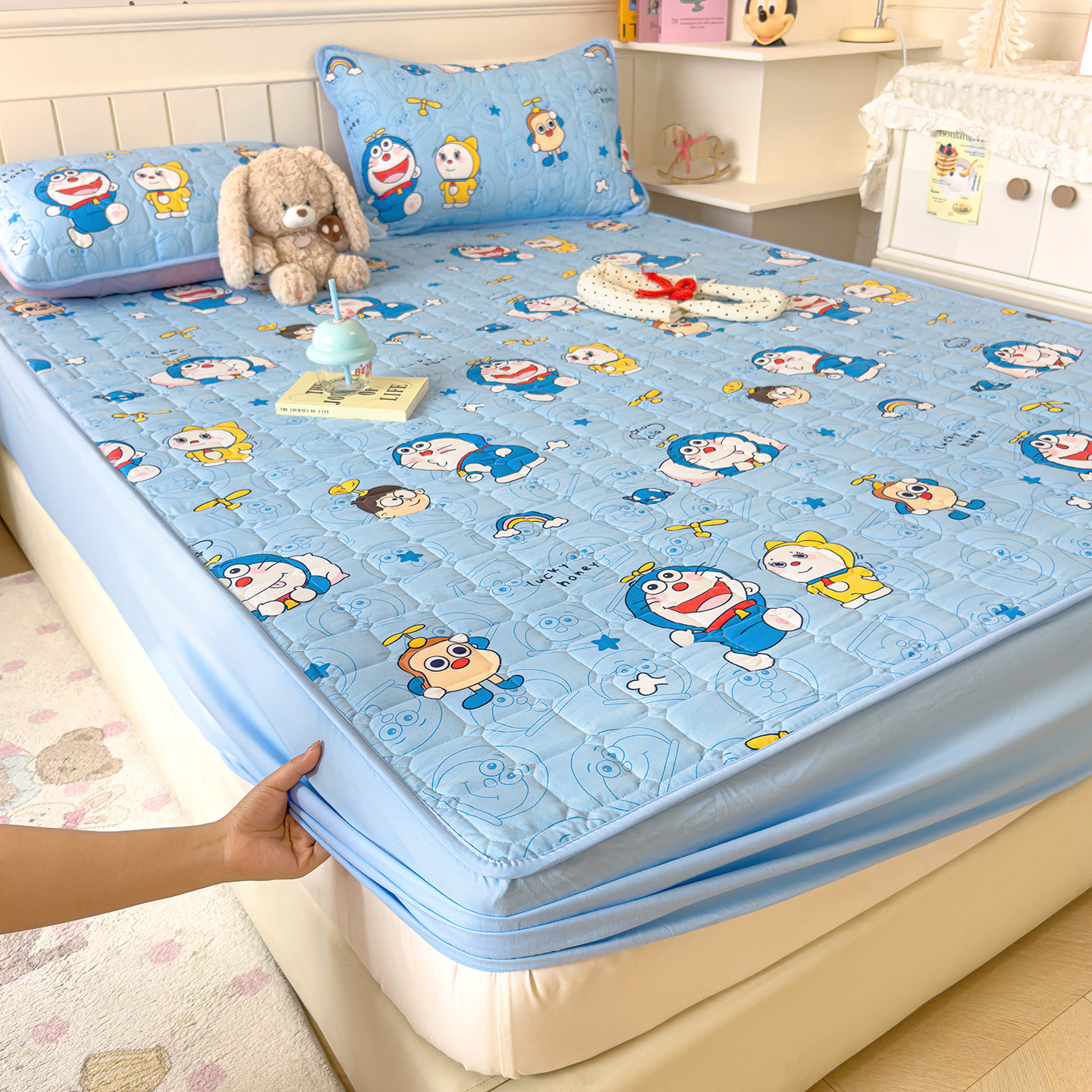 卡通风哆啦A梦水洗棉床笠加厚夹棉床套床单套席梦思床垫罩纯床罩