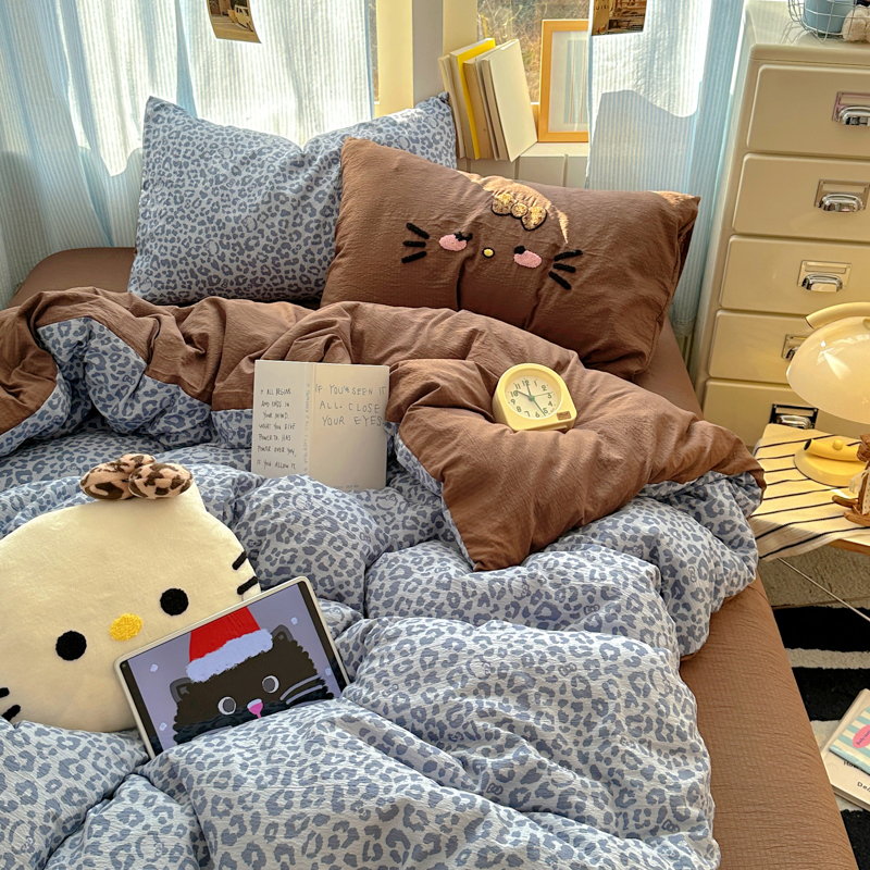 ins风少女蓝色豹纹KT毛巾绣水洗棉床上四件套被套宿舍床单三件套4
