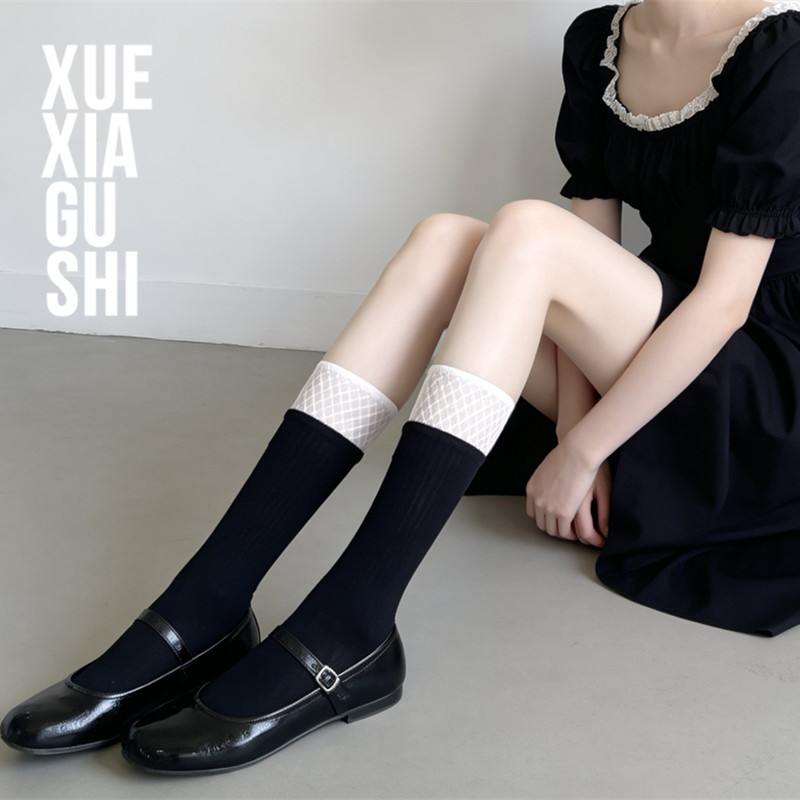 【菱格网纱拼接女袜】