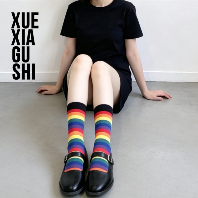 【薄丝彩虹条纹女袜】靴下故事重工竖条撞色女中筒袜横条纹糖果色