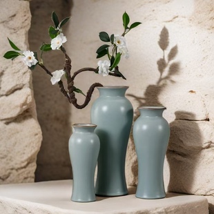 汝窑开片陶瓷花瓶居家客厅轻奢高级感创意插花摆件富贵竹无孔水培