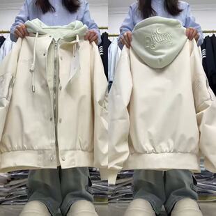 美式复古假两件连帽夹克女宽松设计感短外套春秋上衣