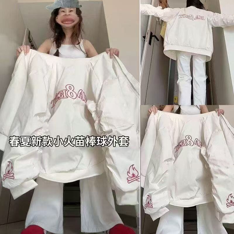 美式复古小火苗印花棒球服外套女春季新款百搭休闲学院风短外套