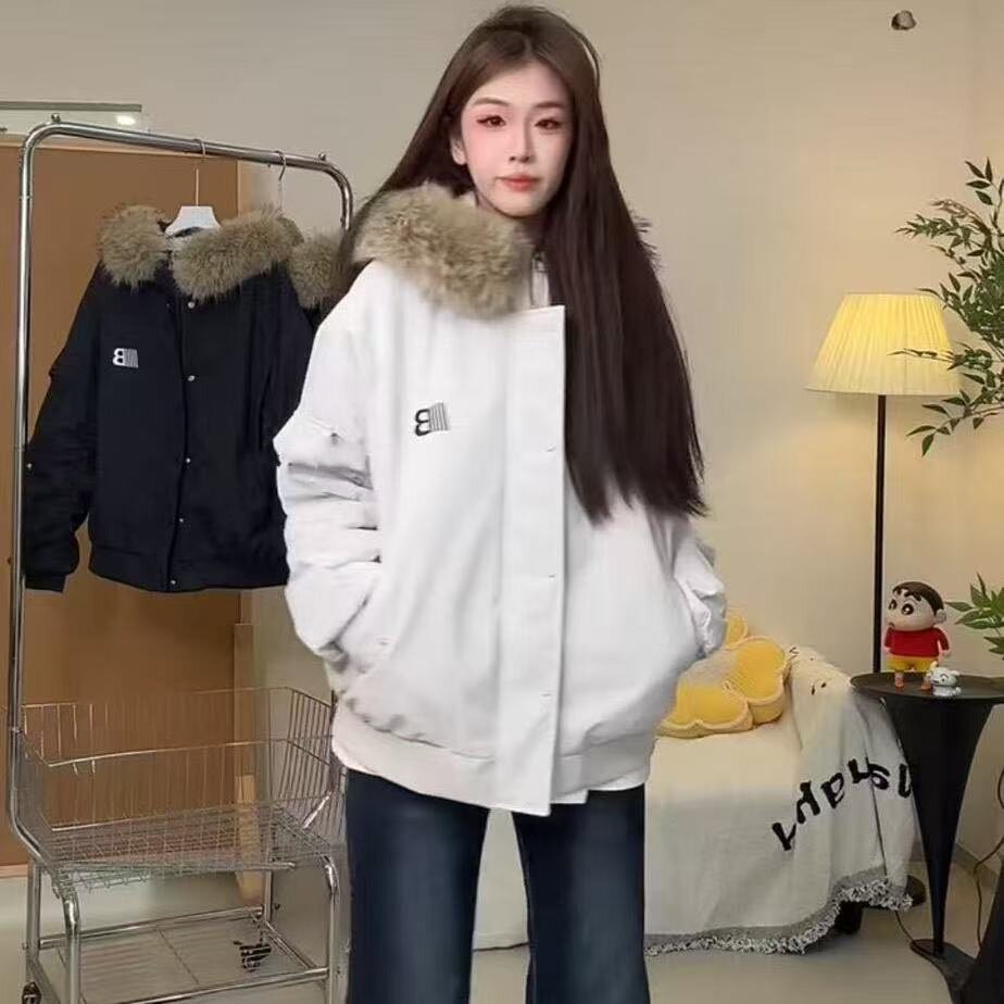 韩系大毛领连帽棉衣女冬季宽松加厚保暖棉服派克服