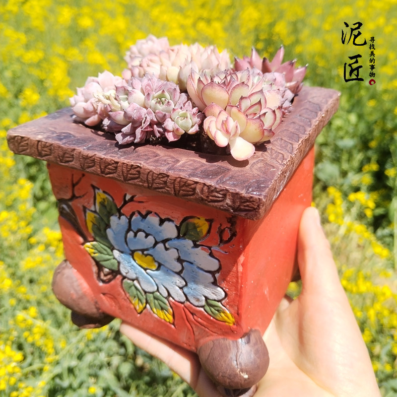 多肉花盆大小老桩中国风粗陶瓷复古手绘创意韩式古典透气有孔室内