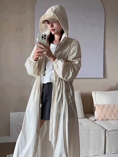 新款 外套女夏季 抽绳收腰显瘦连帽上衣潮 大板型轻薄防晒衫 超仙长款