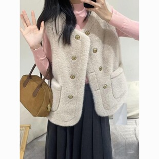 小香风双排扣马甲外套女秋冬新款仿水貂绒毛衣开衫加厚保暖上衣
