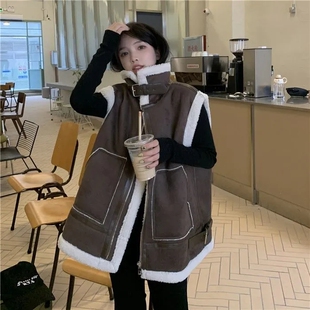 仿羊羔毛加厚机车服马甲外套女冬季2025新款大码立领叠穿保暖马夹