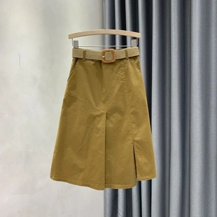 夏季 开叉高腰显瘦中长a字裙 新款 松紧腰半身裙女潮ins复古港味个性