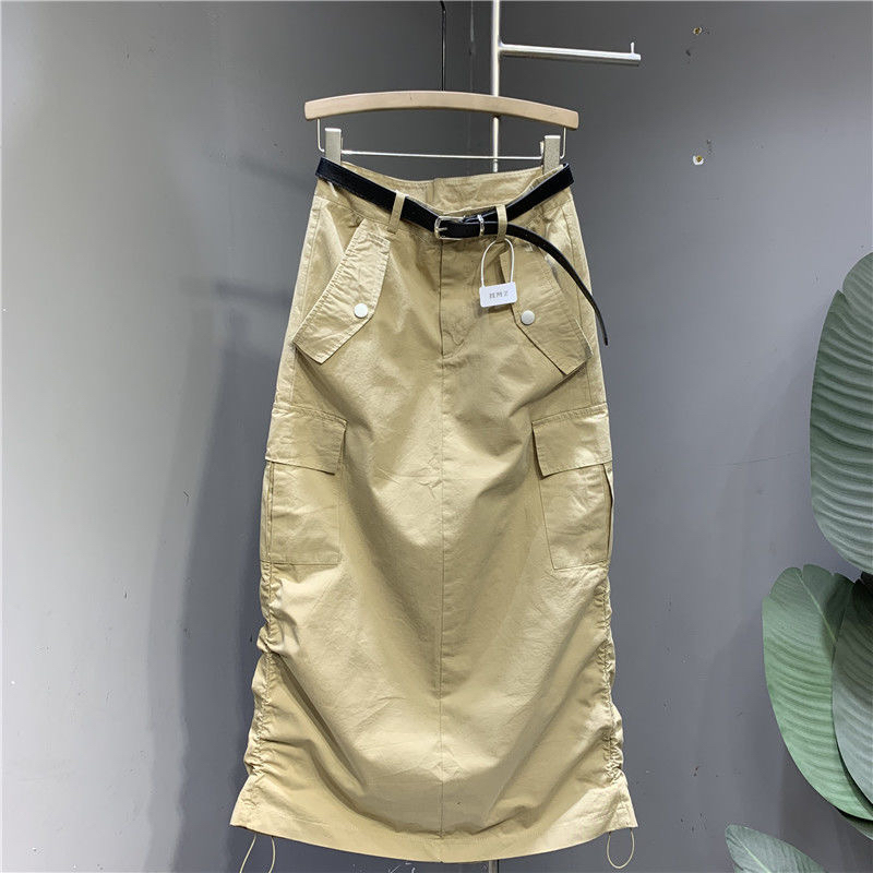 设计感抽绳工装半身裙女2025夏季薄款宽松休闲中长款显瘦包臀裙子