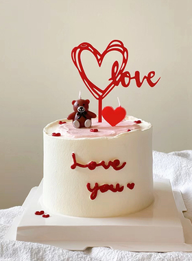 小熊情侣蛋糕装饰插件520情人节纪念日派对蜡烛软陶爱心插件摆件