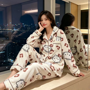 卡通ins风法兰绒睡衣女秋冬款开衫学生休闲珊瑚绒保暖家居服套装