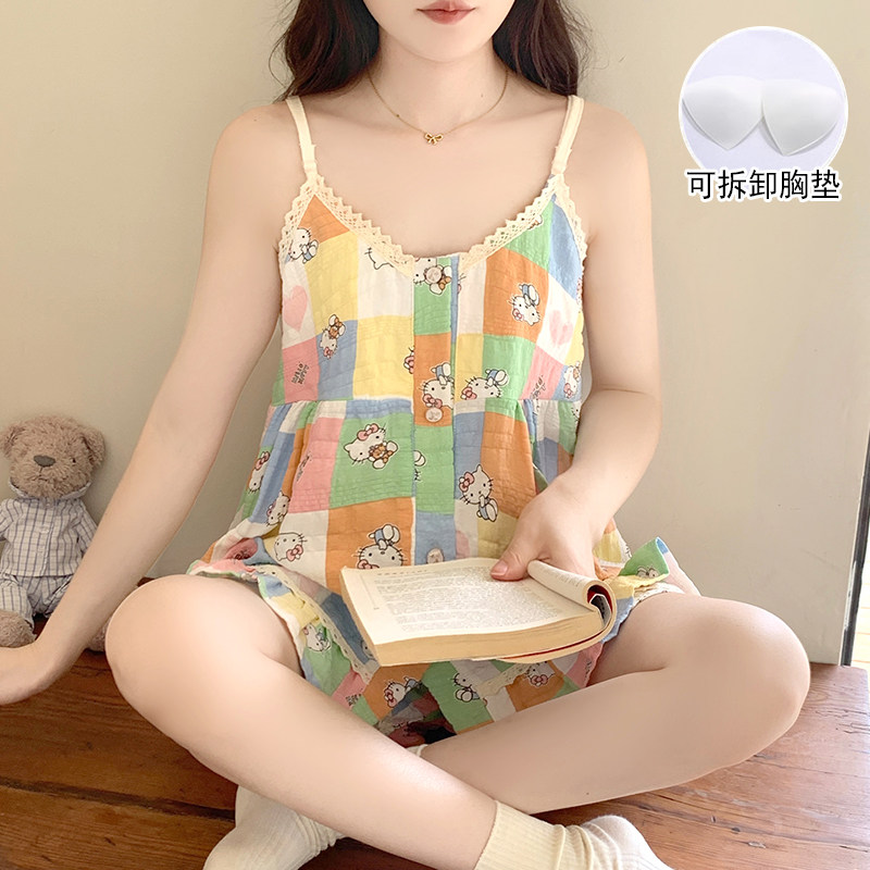带胸垫无袖吊带短裤睡衣女士可爱碎花宽松薄款夏季学生家居服套装