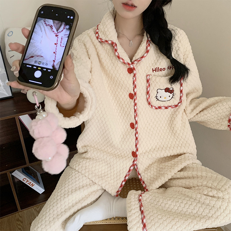 秋冬保暖玫瑰绒女开衫睡衣套装