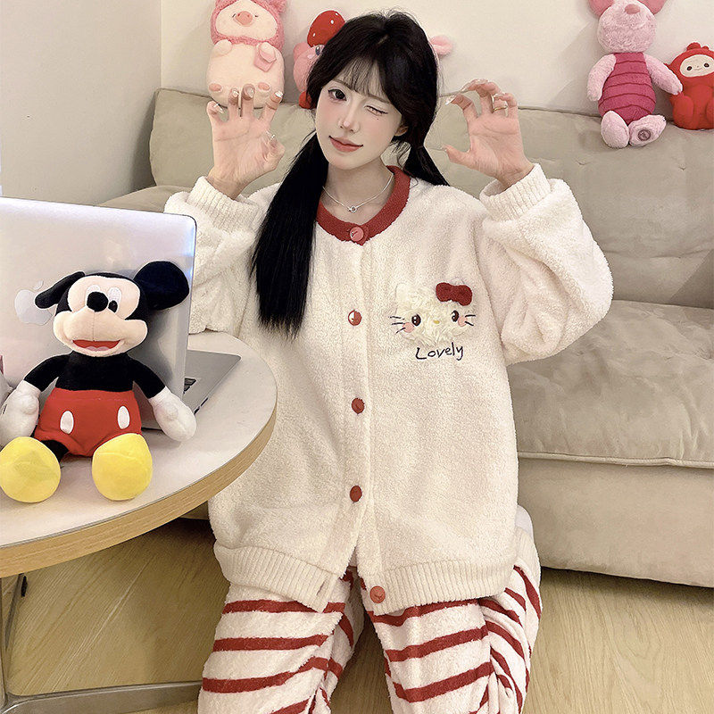 萌系卡通可爱半边绒睡衣女家居服