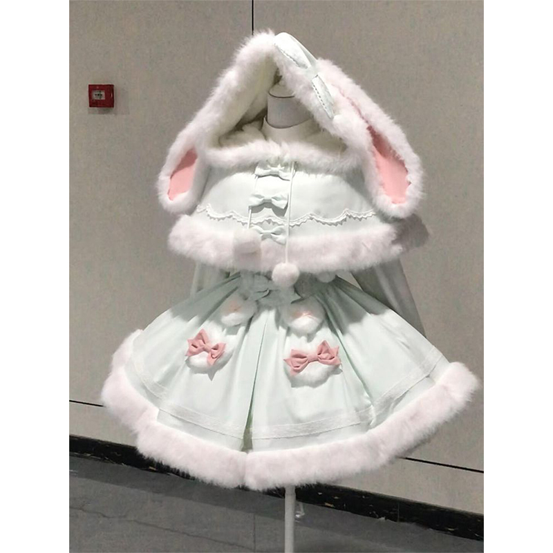 【绒绒小兔】日系Lolita可爱冬季穿搭套装女兔耳斗篷+蝴蝶结裙子