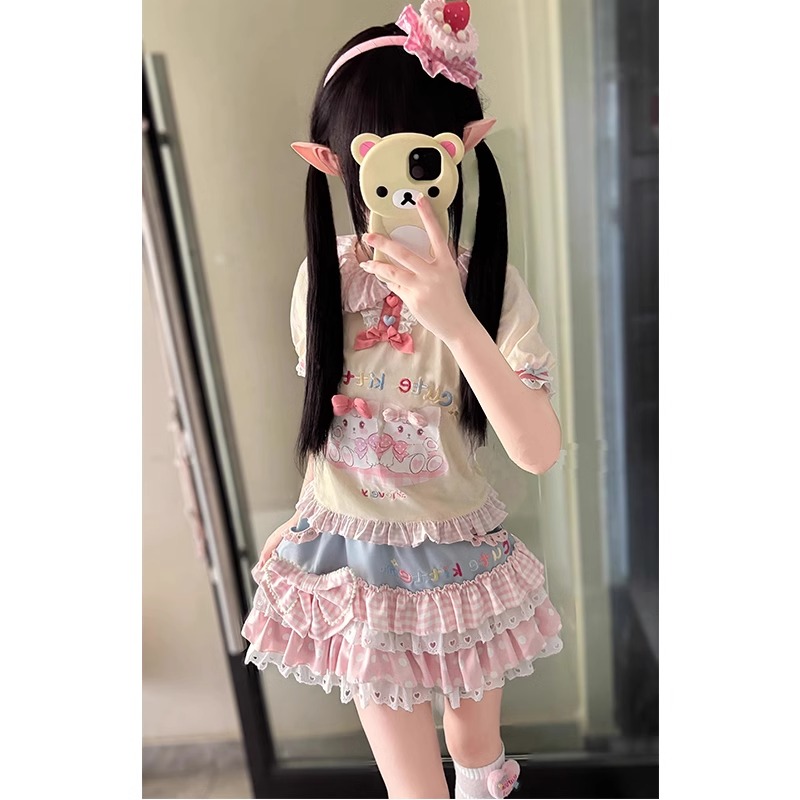 小个子软妹少女可爱日系甜美lolita裙软妹装花边t恤甜美蛋糕裙