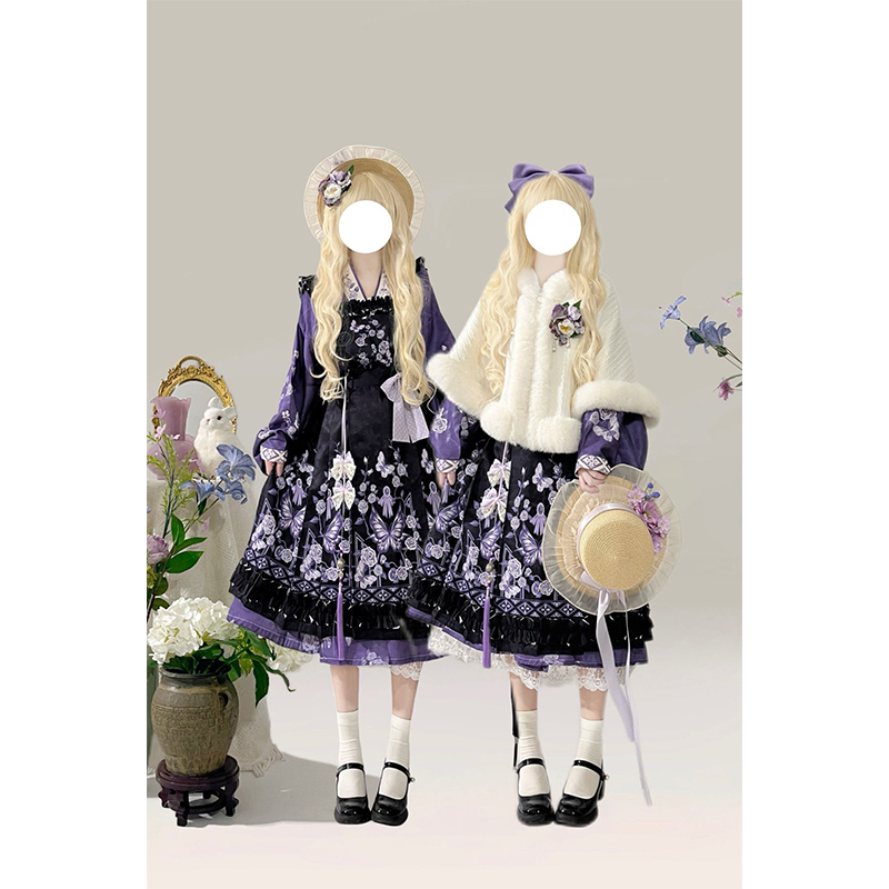 紫色汉洋折衷汉服女琵琶袖交领马面裙汉服洛丽塔秋冬lolita裙斗篷