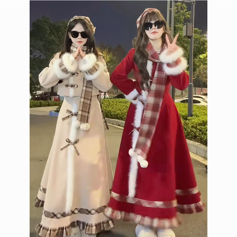 焦糖可可 甜妹少女氛围感秋冬季格子拼接毛呢围巾外套长裙三件套