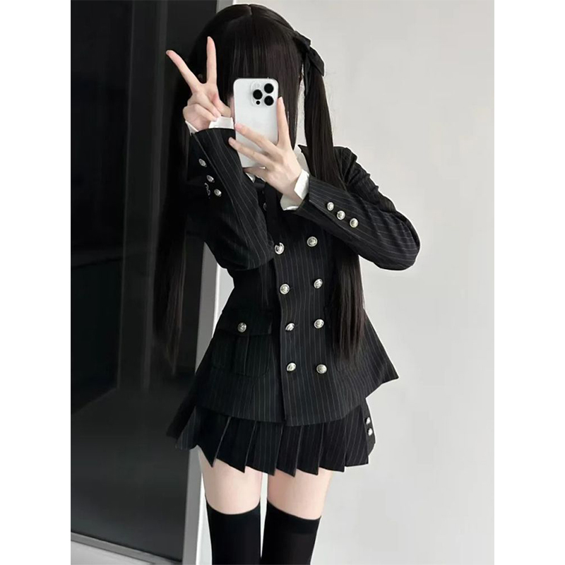 古着少女小个子复古非正式学院风休闲西装收腰衬衫外套JK制服套装