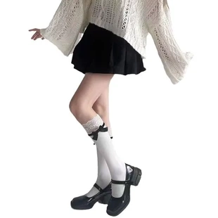白色春夏中筒袜蝴蝶结防滑小腿袜Lolita2024花边 甜美日系蕾丝新款
