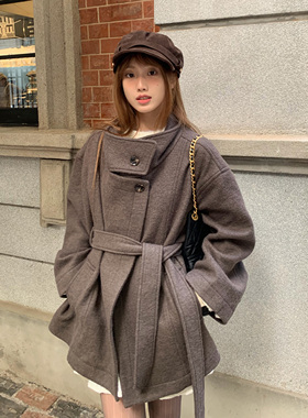 OUT OF OCEAN 25AW 羊驼毛立领毛呢外套女中长款腰带收腰厚款大衣