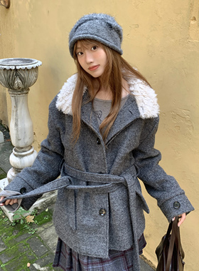 OUT OF OCEAN  25AW  圈圈毛呢毛毛领腰带纽扣宽松羊毛外套中长款