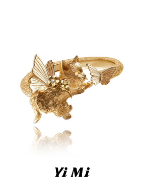 YiMi亦米原创喵系列轻奢时尚立体追蝴蝶猫猫戒指高级感开口食指戒